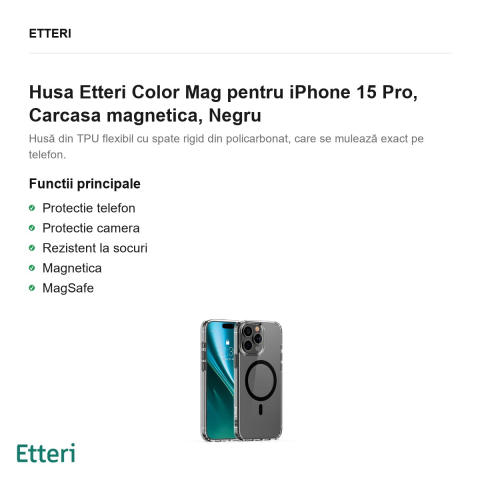 Husa Etteri Color Mag pentru iPhone 15 Pro, Carcasa magnetica, Negru [1]