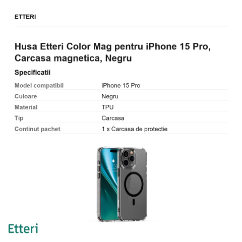 Husa Etteri Color Mag pentru iPhone 15 Pro, Carcasa magnetica, Negru [2]