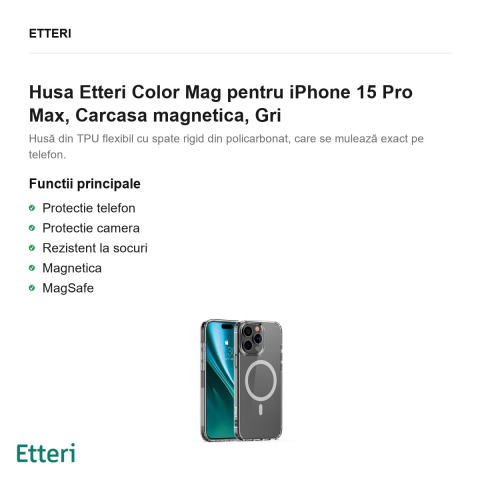 Husa Etteri Color Mag pentru iPhone 15 Pro Max, Carcasa magnetica, Gri [1]