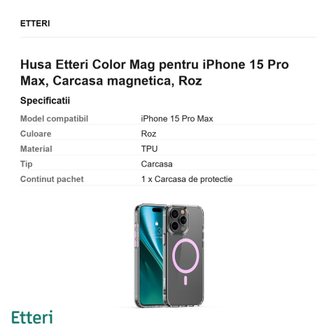 Husa Etteri Color Mag pentru iPhone 15 Pro Max, Carcasa magnetica, Roz [2]