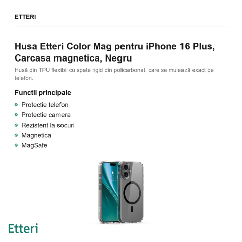 Husa Etteri Color Mag pentru iPhone 16 Plus, Carcasa magnetica, Negru [1]