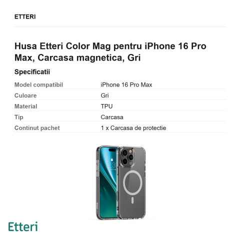Husa Etteri Color Mag pentru iPhone 16 Pro Max, Carcasa magnetica, Gri [2]