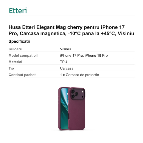 Husa Etteri Elegant Mag cherry pentru iPhone 17 Pro, Carcasa magnetica, -10°C pana la +45°C, Visiniu [2]