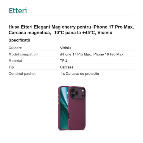 Husa Etteri Elegant Mag cherry pentru iPhone 17 Pro Max, Carcasa magnetica, -10°C pana la +45°C, Visiniu [2]