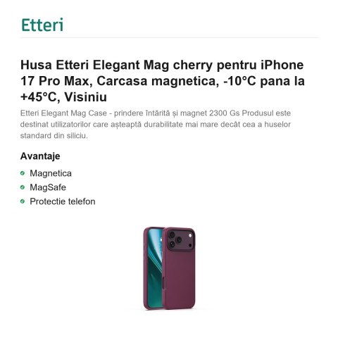 Husa Etteri Elegant Mag cherry pentru iPhone 17 Pro Max, Carcasa magnetica, -10°C pana la +45°C, Visiniu [1]
