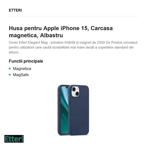 Husa Etteri Elegant Mag pentru Apple iPhone 15, Carcasa magnetica, Albastru [1]