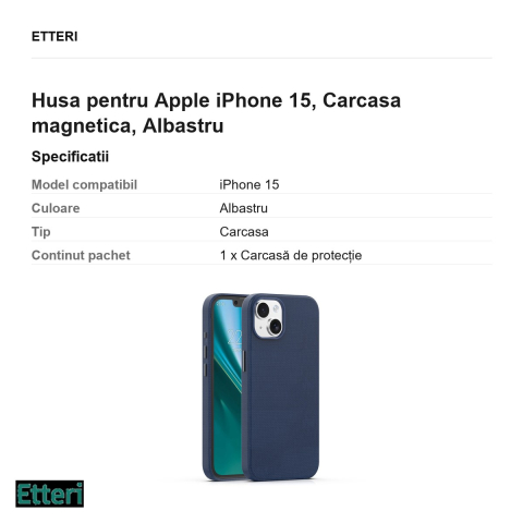 Husa Etteri Elegant Mag pentru Apple iPhone 15, Carcasa magnetica, Albastru [2]