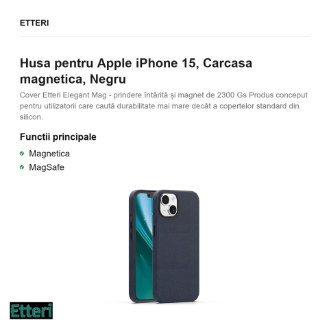 Husa Etteri Elegant Mag pentru Apple iPhone 15, Carcasa magnetica, Negru [1]