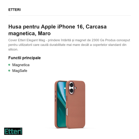 Husa Etteri Elegant Mag pentru Apple iPhone 16, Carcasa magnetica, Maro [1]