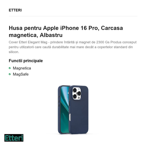 Husa Etteri Elegant Mag pentru Apple iPhone 16 Pro, Carcasa magnetica, Albastru [1]