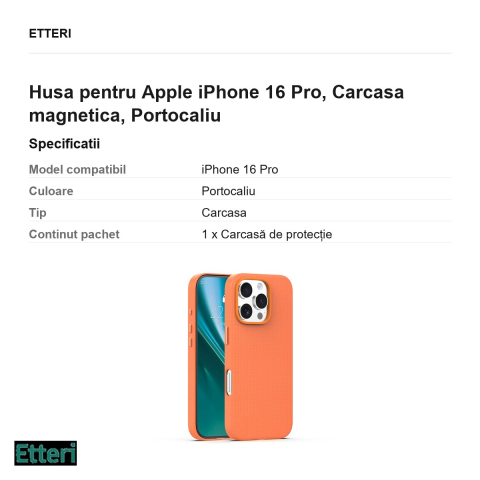 Husa Etteri Elegant Mag pentru Apple iPhone 16 Pro, Carcasa magnetica, Portocaliu [2]