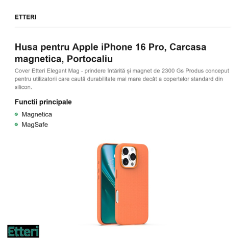 Husa Etteri Elegant Mag pentru Apple iPhone 16 Pro, Carcasa magnetica, Portocaliu [1]
