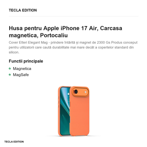 Husa Etteri Elegant Mag pentru Apple iPhone 17 Air, Carcasa magnetica, Portocaliu [1]
