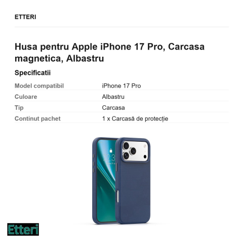 Husa Etteri Elegant Mag pentru Apple iPhone 17 Pro, Carcasa magnetica, Albastru [2]