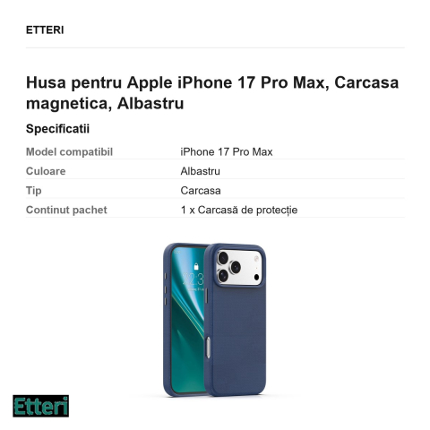 Husa Etteri Elegant Mag pentru Apple iPhone 17 Pro Max, Carcasa magnetica, Albastru [2]