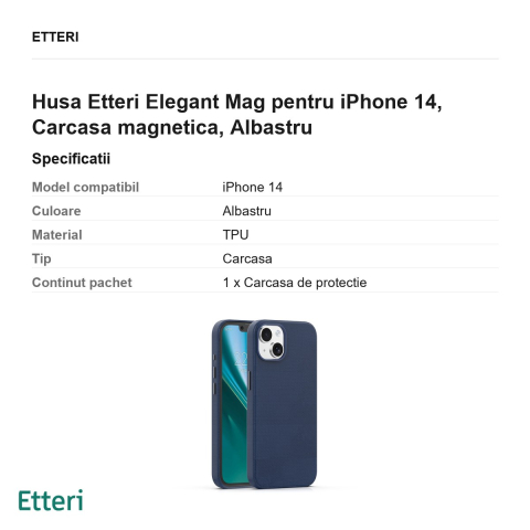 Husa Etteri Elegant Mag pentru iPhone 14, Carcasa magnetica, Albastru [2]