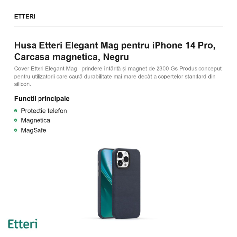 Husa Etteri Elegant Mag pentru iPhone 14 Pro, Carcasa magnetica, Negru [1]