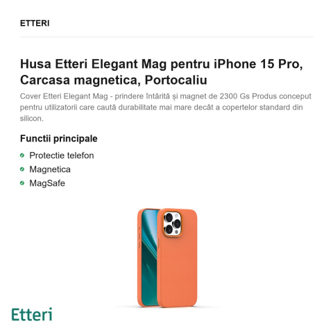 Husa Etteri Elegant Mag pentru iPhone 15 Pro, Carcasa magnetica, Portocaliu [1]