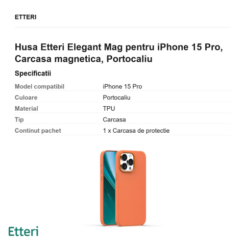 Husa Etteri Elegant Mag pentru iPhone 15 Pro, Carcasa magnetica, Portocaliu [2]