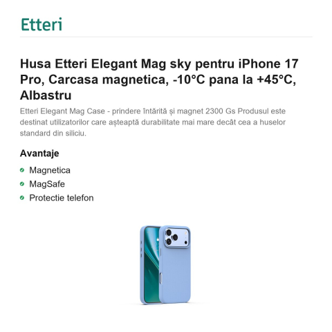 Husa Etteri Elegant Mag sky pentru iPhone 17 Pro, Carcasa magnetica, -10°C pana la +45°C, Albastru [1]
