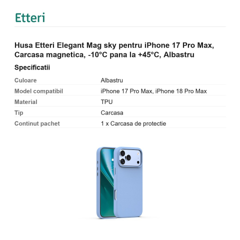 Husa Etteri Elegant Mag sky pentru iPhone 17 Pro Max, Carcasa magnetica, -10°C pana la +45°C, Albastru [2]