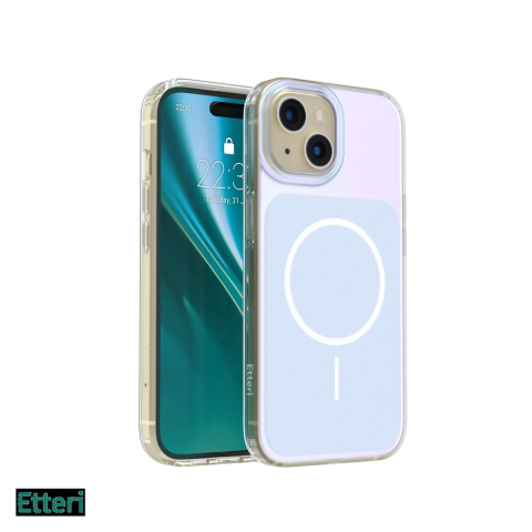 Huse si protectii pentru iPhone 15 - Husa Etteri Hidden Pearl pentru Apple iPhone 15, Carcasa magnetica, Albastru deschis