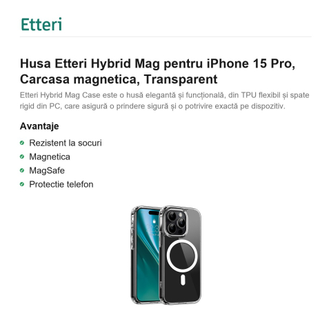 Husa Etteri Hybrid Mag pentru iPhone 15 Pro, Carcasa magnetica, Transparent [1]