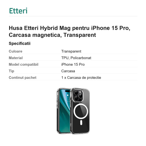 Husa Etteri Hybrid Mag pentru iPhone 15 Pro, Carcasa magnetica, Transparent [2]
