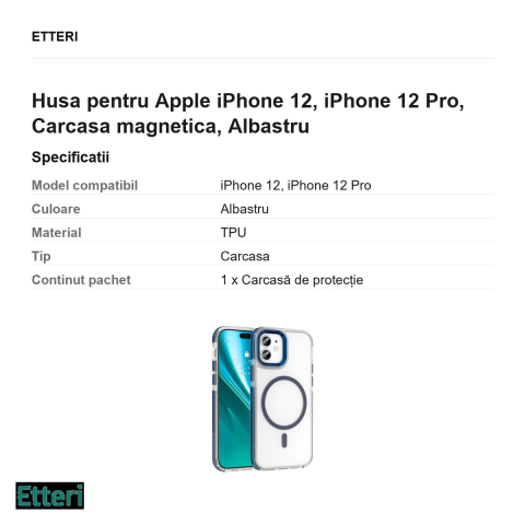 Husa Etteri Icy Mag pentru Apple iPhone 12, iPhone 12 Pro, Carcasa magnetica, Albastru [2]