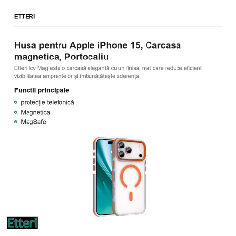 Husa Etteri Icy Mag pentru Apple iPhone 15, Carcasa magnetica, Portocaliu [1]