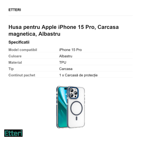 Husa Etteri Icy Mag pentru Apple iPhone 15 Pro, Carcasa magnetica, Albastru [2]