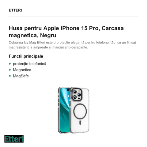 Husa Etteri Icy Mag pentru Apple iPhone 15 Pro, Carcasa magnetica, Negru [1]