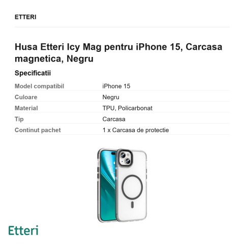 Husa Etteri Icy Mag pentru iPhone 15, Carcasa magnetica, Negru [2]