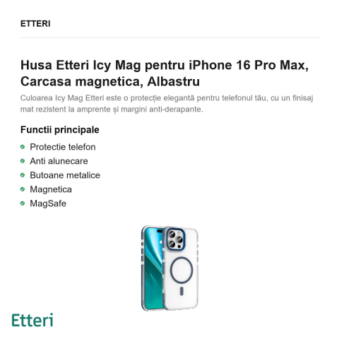 Husa Etteri Icy Mag pentru iPhone 16 Pro Max, Carcasa magnetica, Albastru [1]