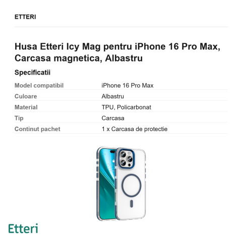Husa Etteri Icy Mag pentru iPhone 16 Pro Max, Carcasa magnetica, Albastru [2]