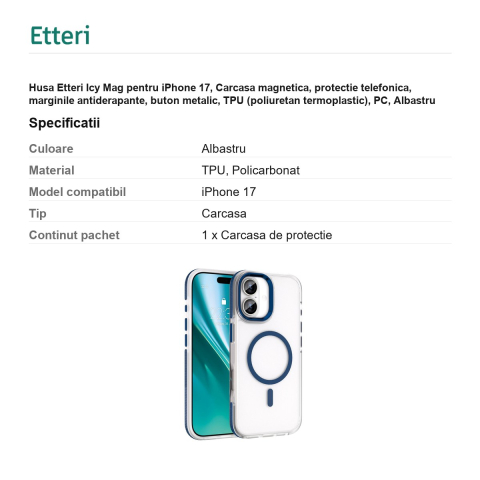 Husa Etteri Icy Mag pentru iPhone 17, Carcasa magnetica, protectie telefonica, marginile antiderapante, buton metalic, TPU (poliuretan termoplastic), PC, Albastru [2]