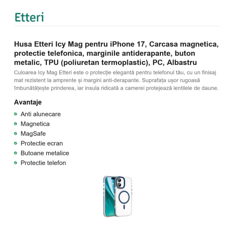 Husa Etteri Icy Mag pentru iPhone 17, Carcasa magnetica, protectie telefonica, marginile antiderapante, buton metalic, TPU (poliuretan termoplastic), PC, Albastru [1]