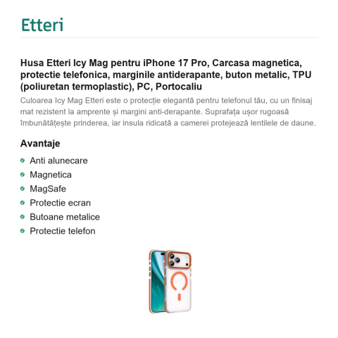 Husa Etteri Icy Mag pentru iPhone 17 Pro, Carcasa magnetica, protectie telefonica, marginile antiderapante, buton metalic, TPU (poliuretan termoplastic), PC, Portocaliu [1]
