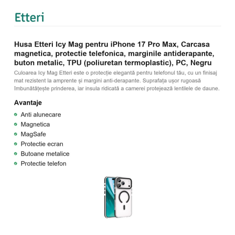 Husa Etteri Icy Mag pentru iPhone 17 Pro Max, Carcasa magnetica, protectie telefonica, marginile antiderapante, buton metalic, TPU (poliuretan termoplastic), PC, Negru [1]