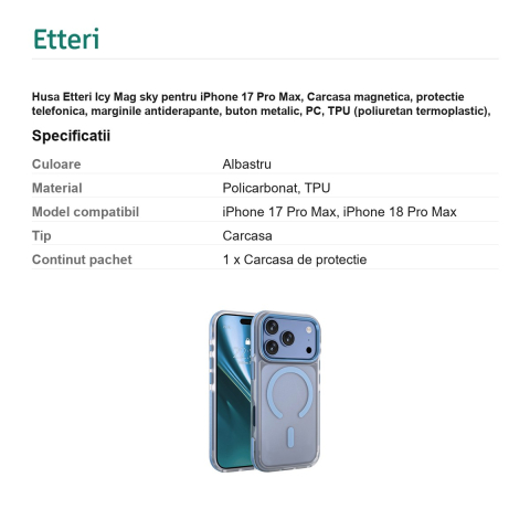 Husa Etteri Icy Mag sky pentru iPhone 17 Pro Max, Carcasa magnetica, protectie telefonica, marginile antiderapante, buton metalic, PC, TPU (poliuretan termoplastic), Albastru [2]