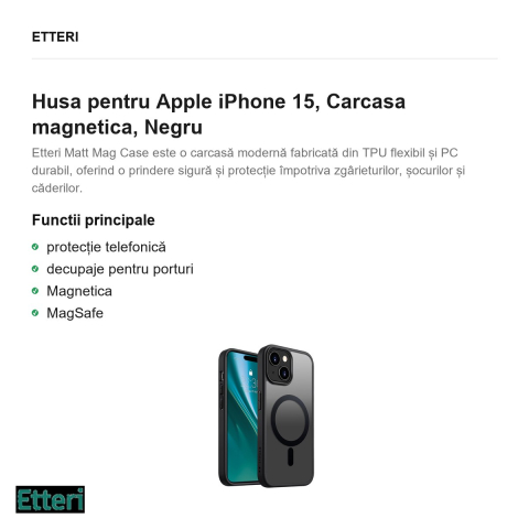 Husa Etteri Matt Mag pentru Apple iPhone 15, Carcasa magnetica, Negru [1]