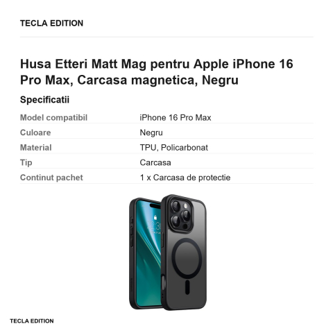 Husa Etteri Matt Mag pentru Apple iPhone 16 Pro Max, Carcasa magnetica, Negru [2]