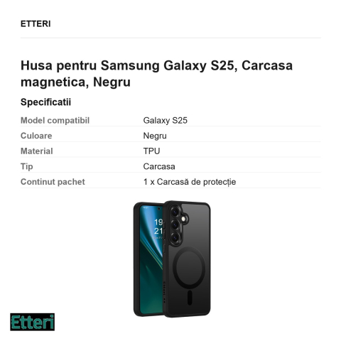 Husa Etteri Matt Mag pentru Samsung Galaxy S25, Carcasa magnetica, Negru [2]