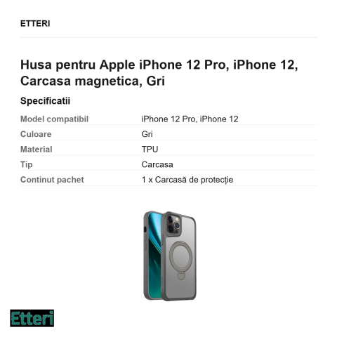 Husa Etteri Matt Mag Ring pentru Apple iPhone 12 Pro, iPhone 12, Carcasa magnetica, Gri [2]