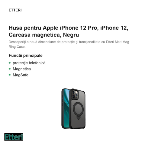 Husa Etteri Matt Mag Ring pentru Apple iPhone 12 Pro, iPhone 12, Carcasa magnetica, Negru [1]