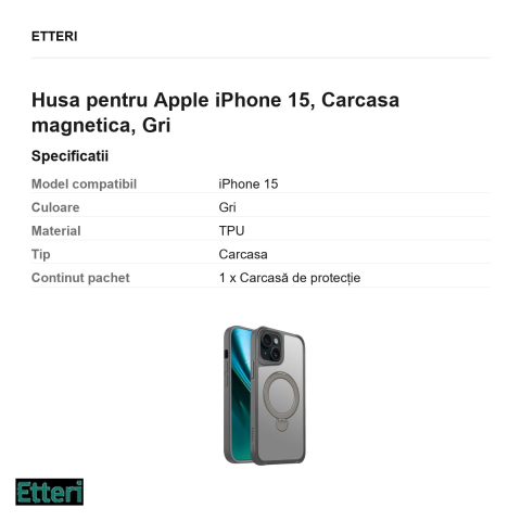 Husa Etteri Matt Mag Ring pentru Apple iPhone 15, Carcasa magnetica, Gri [2]