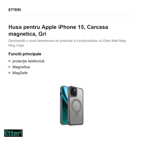 Husa Etteri Matt Mag Ring pentru Apple iPhone 15, Carcasa magnetica, Gri [1]