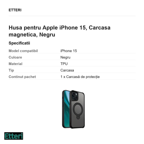 Husa Etteri Matt Mag Ring pentru Apple iPhone 15, Carcasa magnetica, Negru [2]