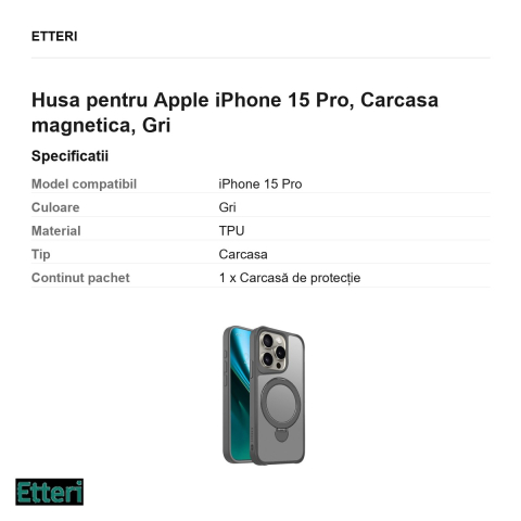 Husa Etteri Matt Mag Ring pentru Apple iPhone 15 Pro, Carcasa magnetica, Gri [2]