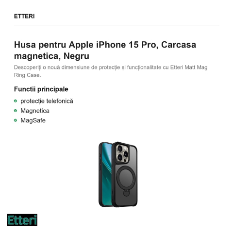 Husa Etteri Matt Mag Ring pentru Apple iPhone 15 Pro, Carcasa magnetica, Negru [1]